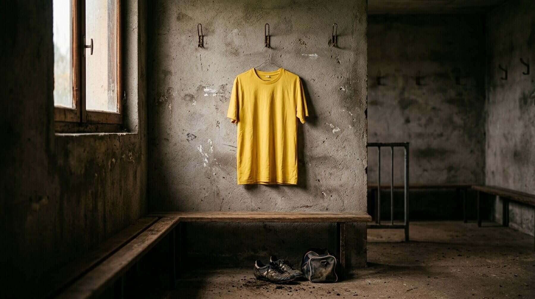 Un maillot jaune vierge suspendu dans un vestiaire de club amateur.